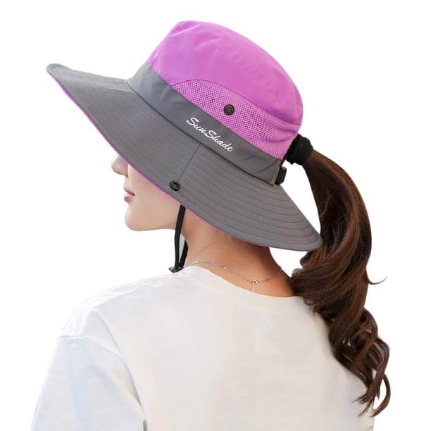 Muryobao Sombrero de sol con cola de caballo para mujer, protección UV, malla plegable, ala ancha, sombrero de pesca para playa