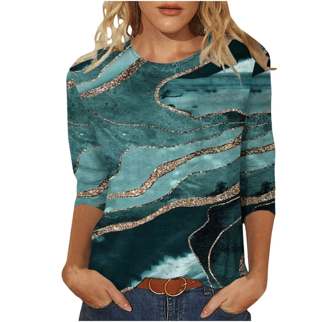 XZNGL Hauts à Manches 3/4 pour Femmes Mode pour Femmes T-Shirt Ample Imprimé Blouse à Manches 3/4 Col Rond Hauts Décontractés T-Shirts en Coton Femmes T-Shirts pour Femmes Mode T-Shirts à Manches 3/4 pour Femmes