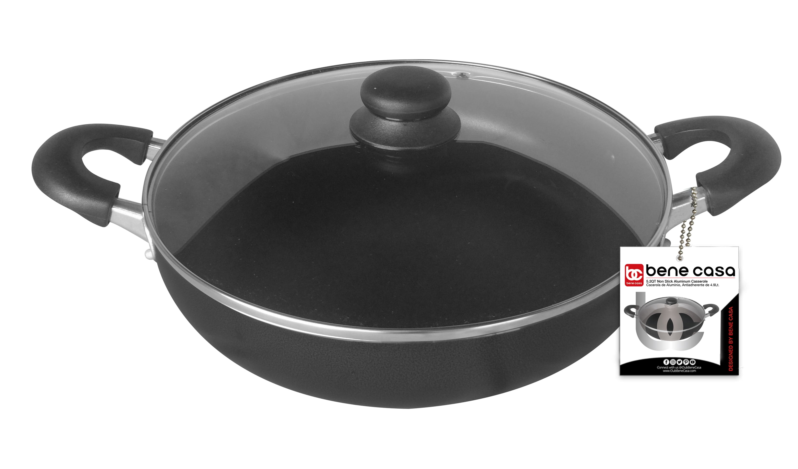 Bene Casa 5.2-Quart/4.9-liter non-stick casserole, tempered glass lid, speckled charcoal-black, heat resistant handles, dishwasher safe, easy clean