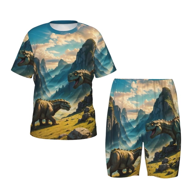 Fotbe Valley River Dinosaur Pijama Estampada de 2 Piezas para Niños – Ropa de Dormir de Manga Corta Cómoda para Niños y Niñas, Camiseta y Shorts de Algodón-4X-Large