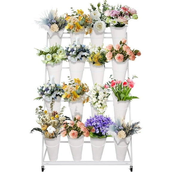 Heavy Duty 4 Layer Flower Display Stand, 16-Bucket Display with Wheels for Home and Garden, Suitable for Patio, Living Room, Florist, White