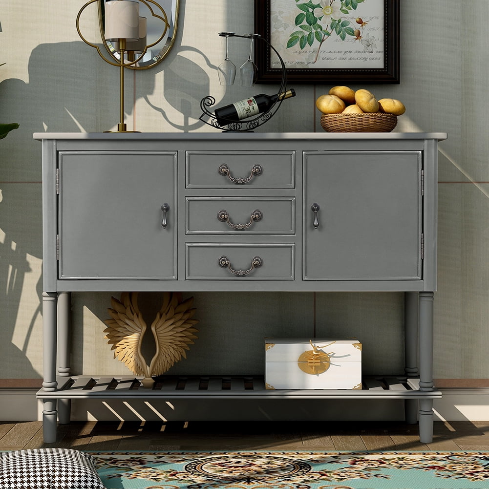 Lowestbest 45" Farmhouse Accent Entryway Table, Entry Table with 3 Drawers, 2 Cabinets and 1 Shelf (Grey) Lowestbest 45" Farmhouse Accent Entryway Table, Entry Table with 3 Drawers, 2 Cabinets and 1 Shelf (Grey)