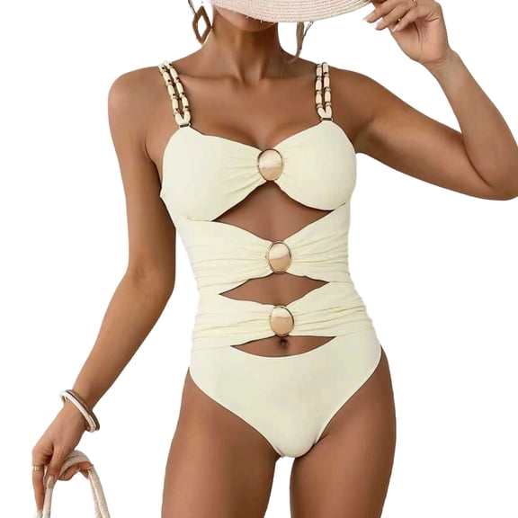 Womens One Piece Swimsuit Tummy Control Ruched Cutout Color Block Bathing Suit for Cruise Vacation Beige S