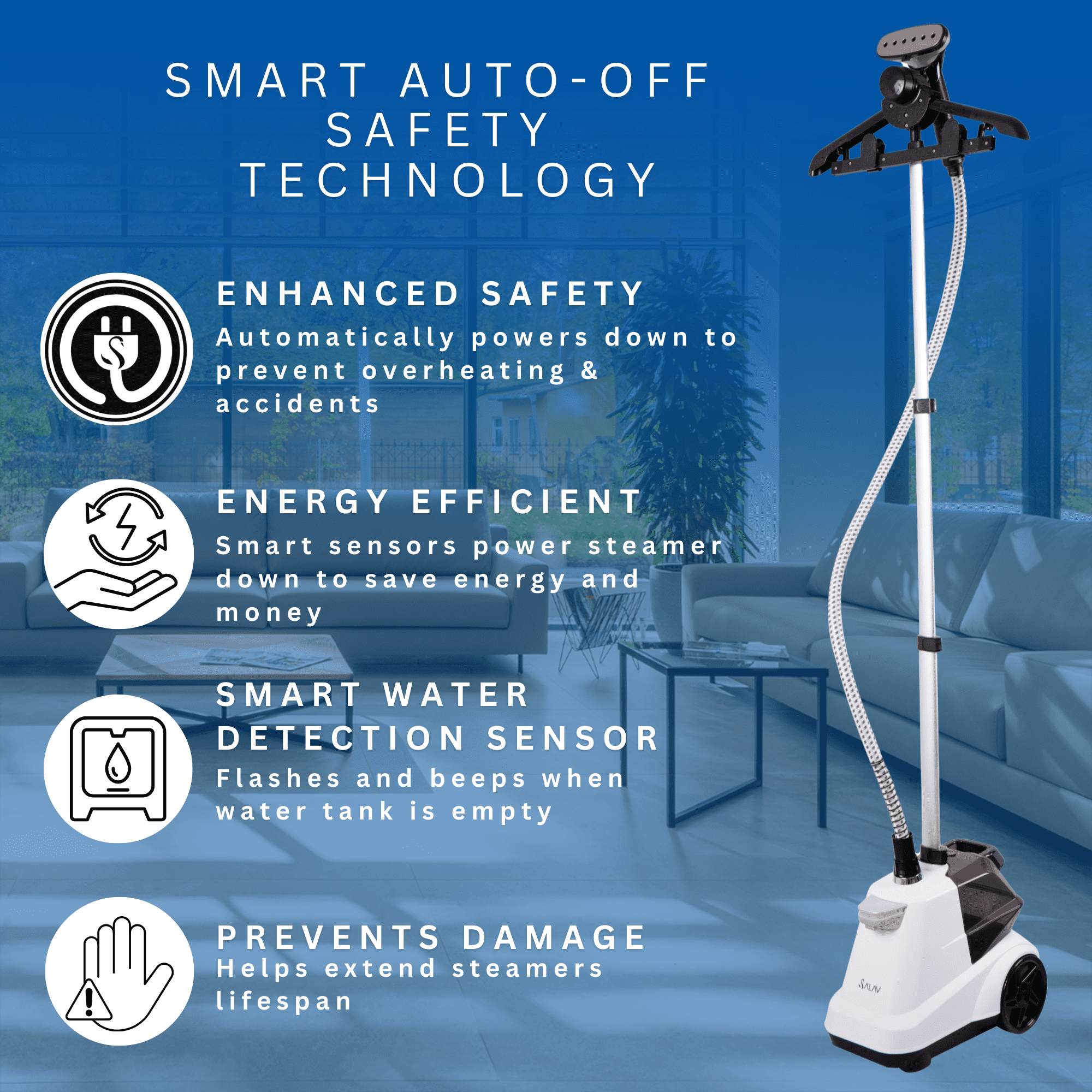 SALAV X3 Commercial-Grade Smart Auto Shut off Garment Steamer with Foot Pedals and Extra Large 3L Water Tank, White
