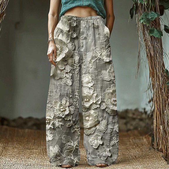 Bzhegqhd Women's Retro Print Cotton and Linen Elastic Waist Bohemian Leaf Casual Trouser Pants with Pocket