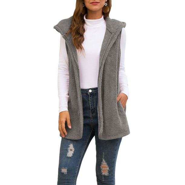 Women's Sleeveless Hoodie Fleece Cardigans Vest Soft Knit Sweater Open  Front Cardigan Lightweight Outwear - Walmart.com