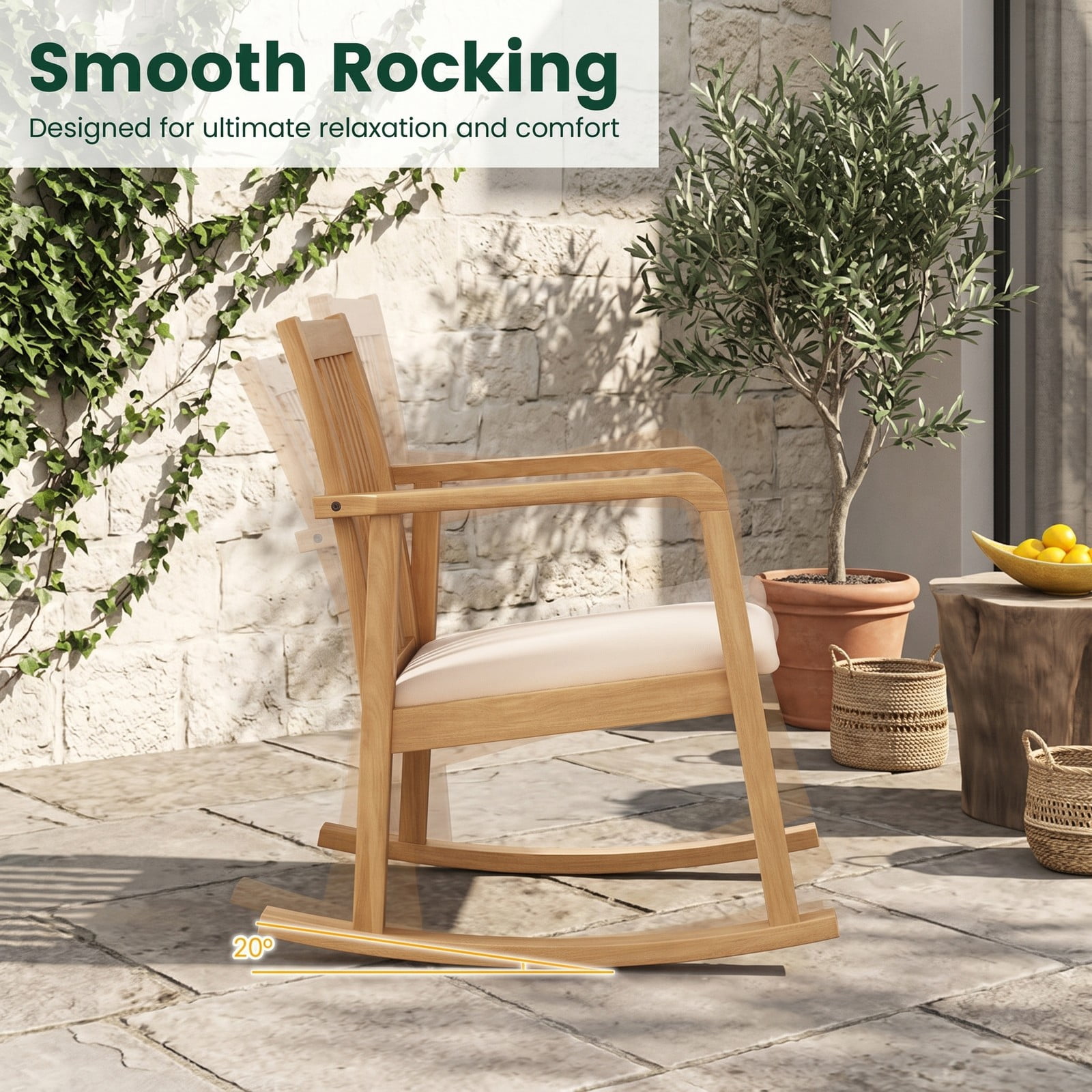 Furnibear Rocking Chair with Slatted Back, Curved Armrests and Soft Padded Fabric Seat for Living Room, Bedroom and Nursery, Natural