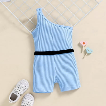 

dmqupv Toddler Romper 4t Toddler Girls Sleeveless Romper Solid Ribbed Off Shoulder Jumpsuit Belt Waist Bag One Baby Girl Light Blue 12-18 Months