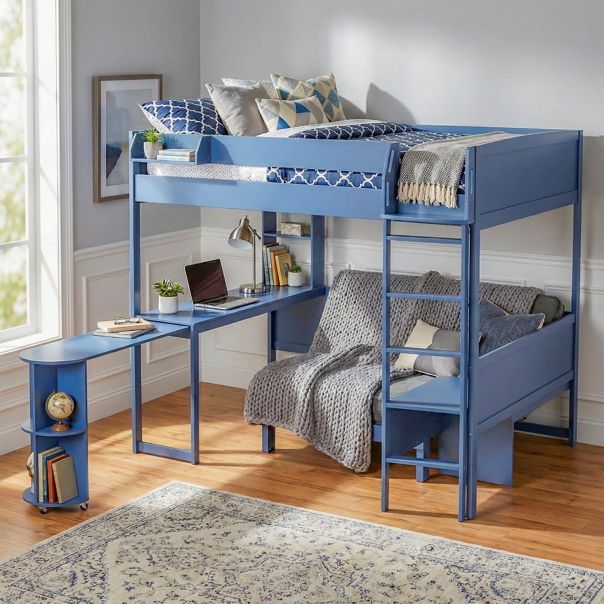 Mintazer Full Size Loft Bed with Desk, LED Light, Bedside Storage Shelf & Sofa Bed Space Saving for Apartment, Bedroom, Navy Blue