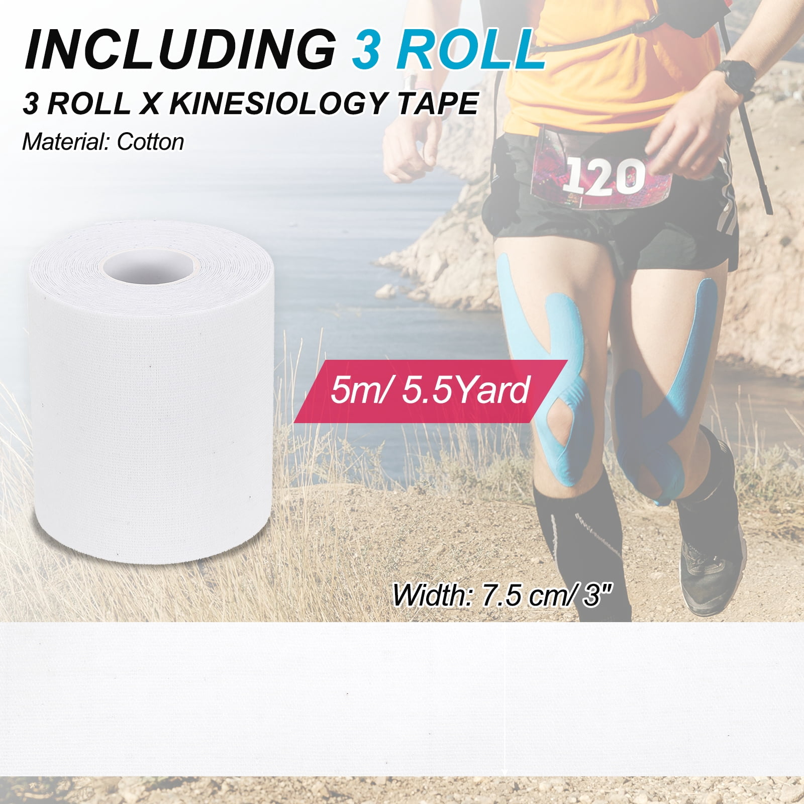 Uxcell 5.5 Yard x 3 Inch Kinesiology Tape, Adhesive Cotton Sports Muscle Support Tapes Waterproof Elastic Tape White 3 Roll