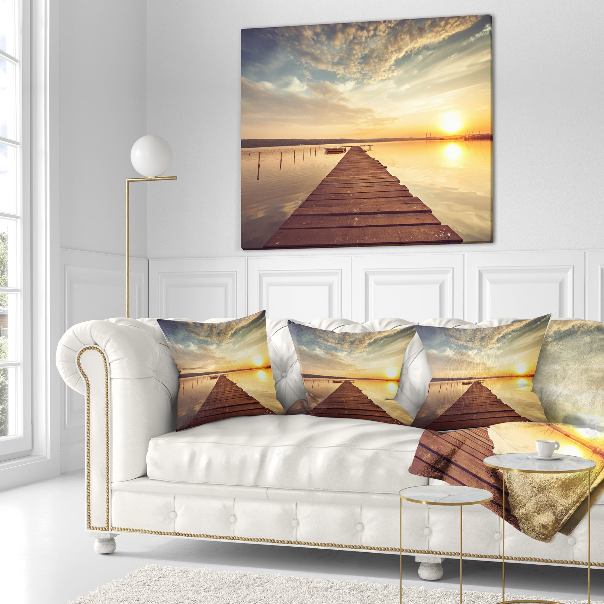 Designart Sea Pier under Beautiful Cloudscape - Modern Throw Pillow - 18x18