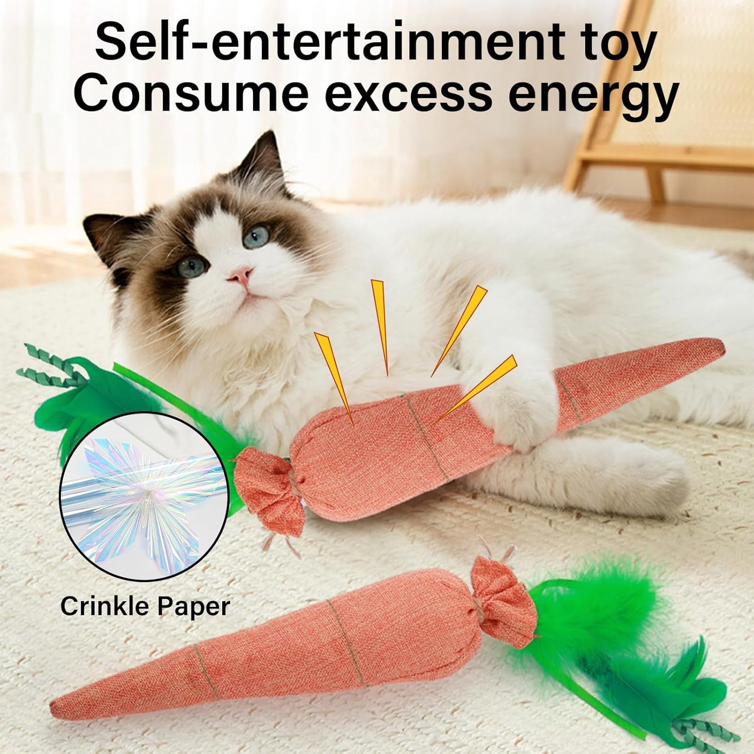 Mooipur Fun Carrot Catnip Toys for Indoor Cats to Keep Them Busy, Soft Linen, Interactive Cat Feather Toys for Kitten Kicking, Teething, Exercise, Catmint Toys for Cats All Breeds (3 PCS)