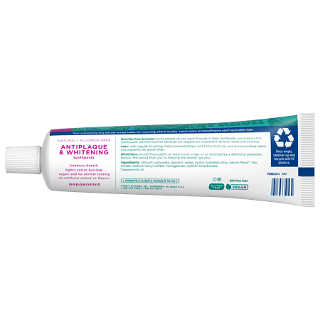 Tom's of Maine Fluoride-Free Antiplaque, Whitening Toothpaste, Peppermint, 5.5 oz , 1 Pack