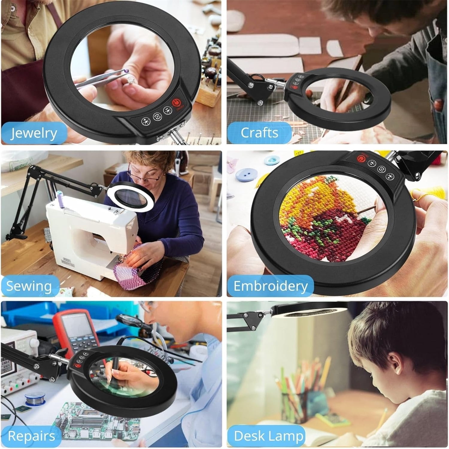 Veemagni Magnifying Glass with Light and Stand, Optical-Grade Glass Lens, 3 Color Modes Stepless Dimmable, Adjustable Swivel Arm, LED Magnifier Desk Lamp for Close Work Repair Crafts Reading, Black