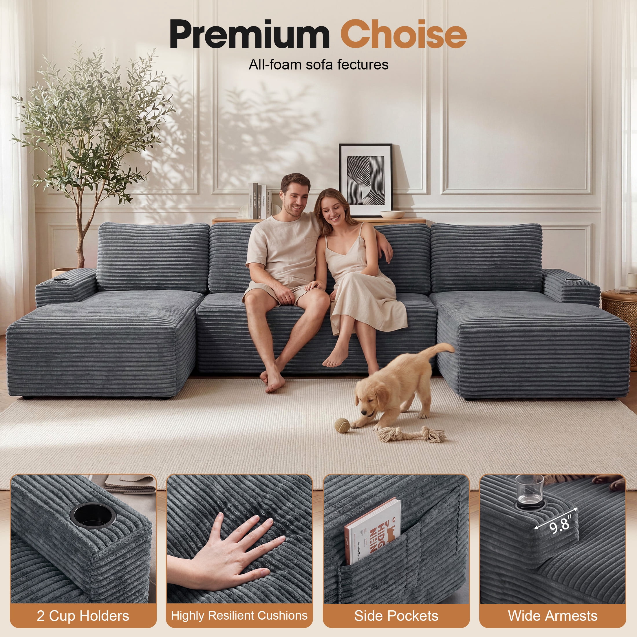 Aenkyo 133 in U-Shaped Cloud Corduroy Sectional Sofa with Cup Holders for Living Room, Cray