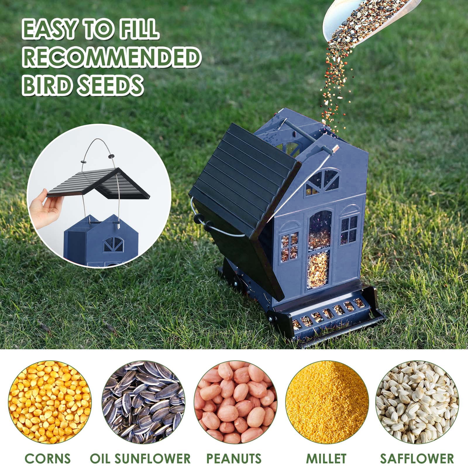 Birdkiss 5lbs Squirrel-Proof Wild Bird Feeder with Bilateral Weight-Activated Perches, 14 Feeding Ports, Outdoor Bird Feeder for Garden Yard Outside, Blue
