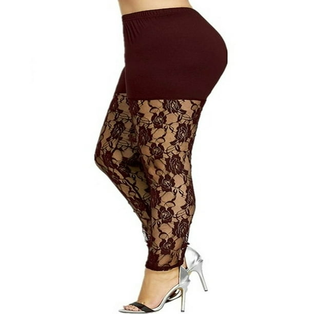 POINTERTECK Plus Size Lace Leggings for Women High Waisted Solid Color  Skinny Long Pants Elastic Waist Floral Footless Tights Clubwear 
