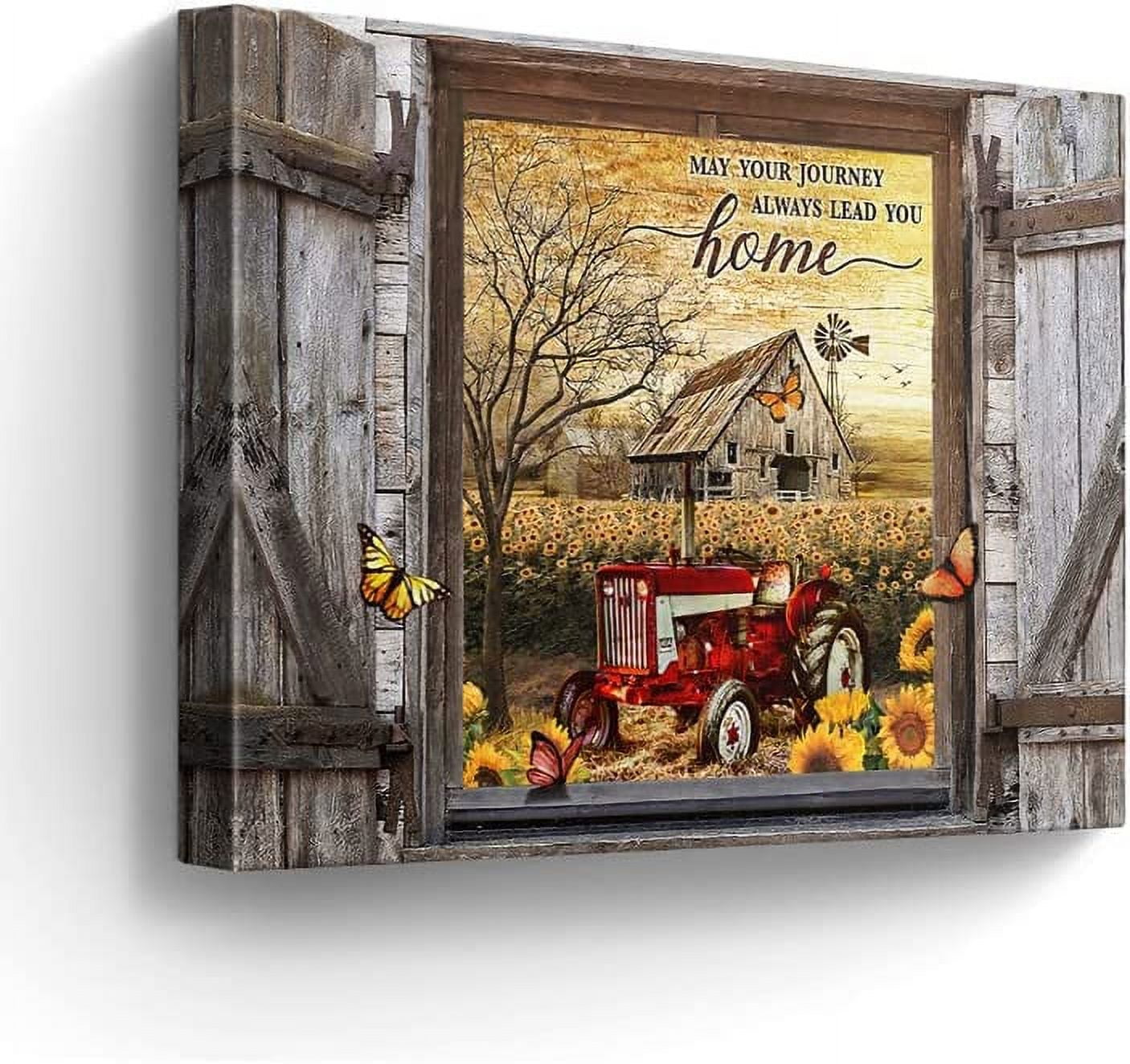 Farmhouse Canvas Wall Art Red Old Tractor Picture Kitchen Wall Decor Rustic Sunflowers Country Painting for Bedroom Bathroom Living Room Prints Artwork Framed 12"x16"
