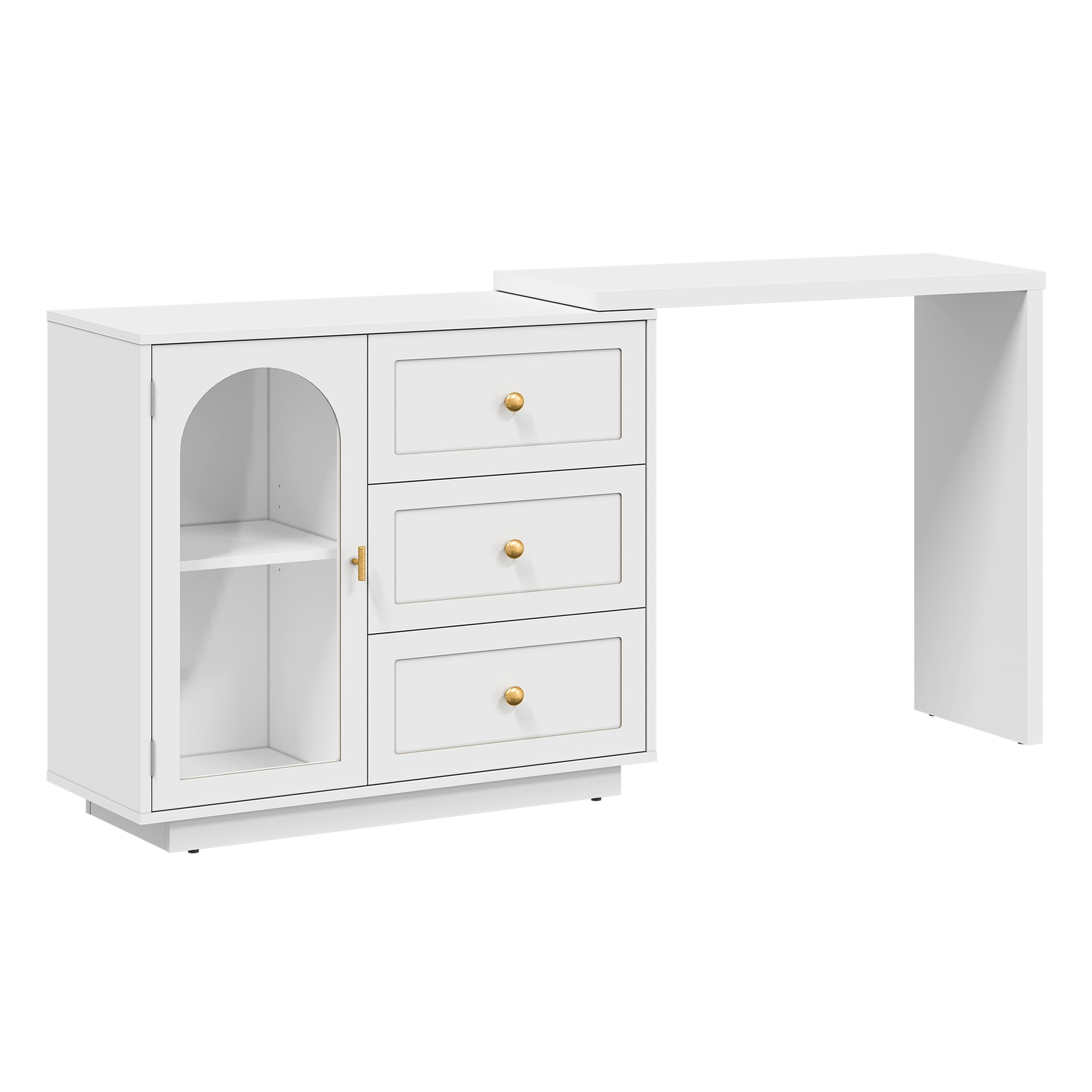 Heynemo Makeup Vanity Desk, Extendable Corner Vanity Makeup Table with 3 Drawers & 1 Door, Modern Dressing Table for Bedroom, Vanities for Women/Girls Bedroom (without Mirror)