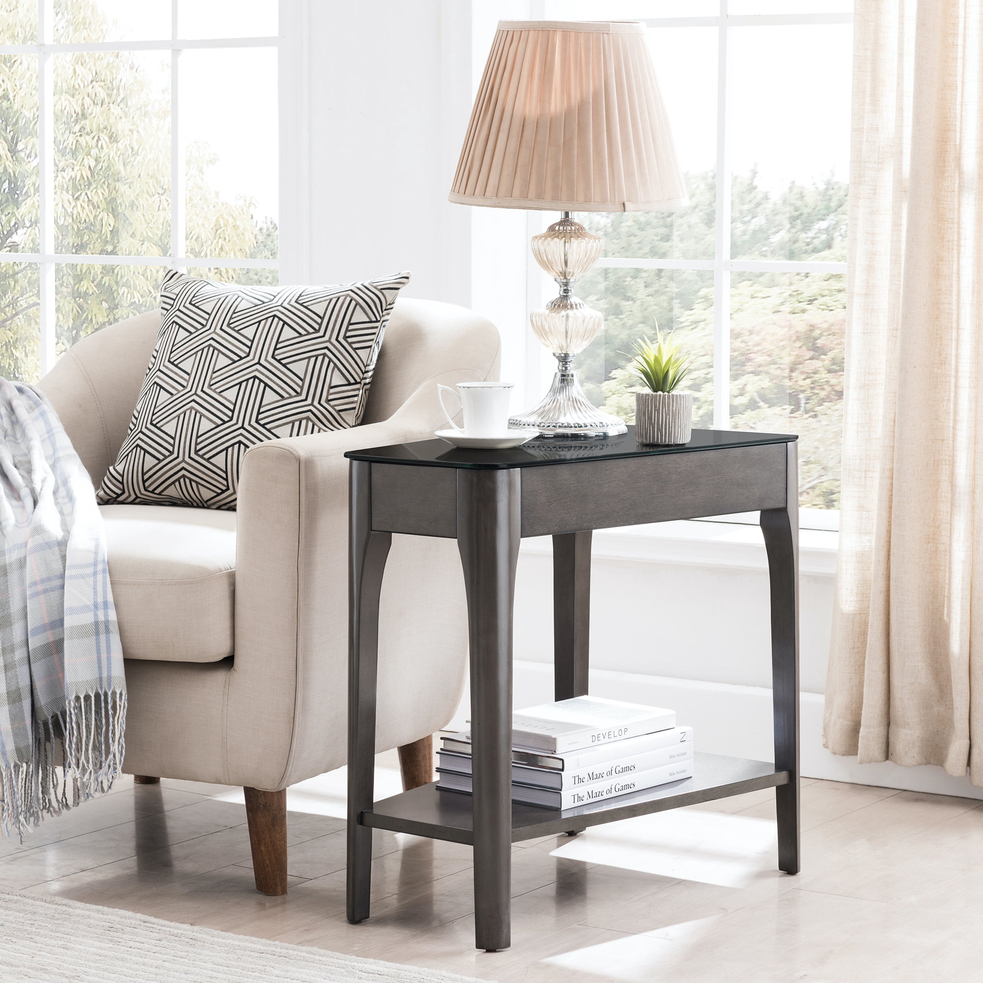 Leick Home Obsidian Solid Wood Recliner Wedge Glass Top End Table with Shelf, Smoke Gray/Black