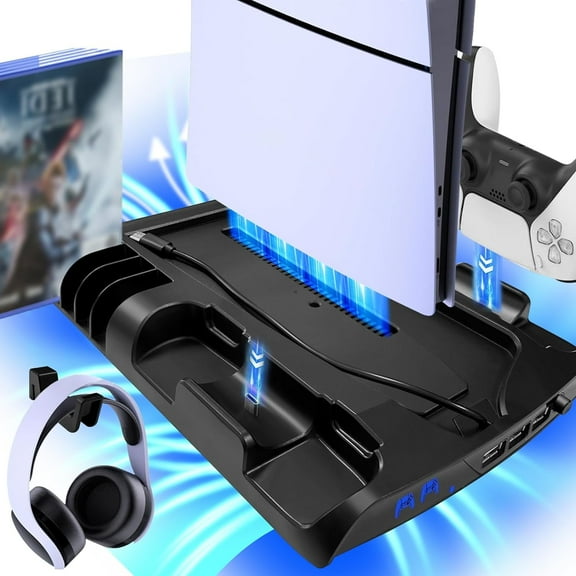 Uberwith for PS5 Slim Vertical Stand with Cooling Fan and Controller Charger Station for Playstation 5 Slim Disc & Digital Edition, Stand with Headset Holder 8 Game Slots for Playstation 5 Slim