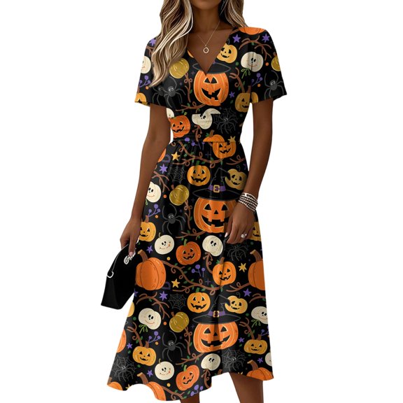 Halloween Costume Dresses for Women Short Sleeve V-Neck Halloween Print Casual Dress for Halloween Parties, Cosplay, Trick or Treat Saffron B L
