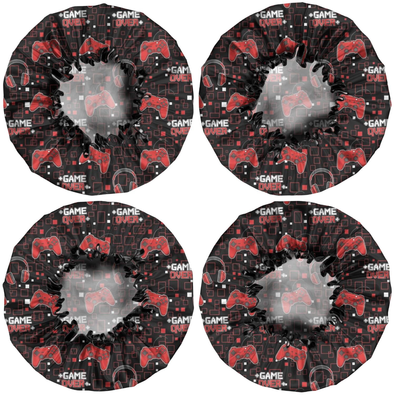 Shower Caps,Red Controllers Games Icons Black Pattern Waterproof Shower Cap for Women 4 Pieces,Double Reusable Hair Cover for Shower PEVA Elastic Stretch Hem