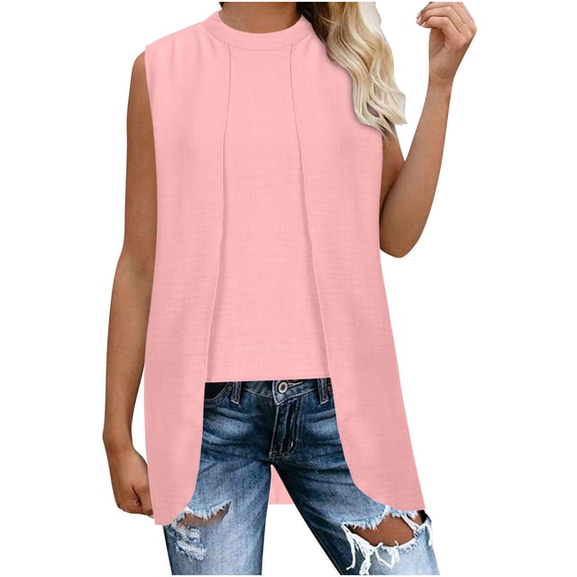 Mrat Débardeurs Courts pour Femmes Mode Décontractée Couleur Unie Costume Mince Irrégulier Col Rond Sans Manches S-70 Rose-A m
