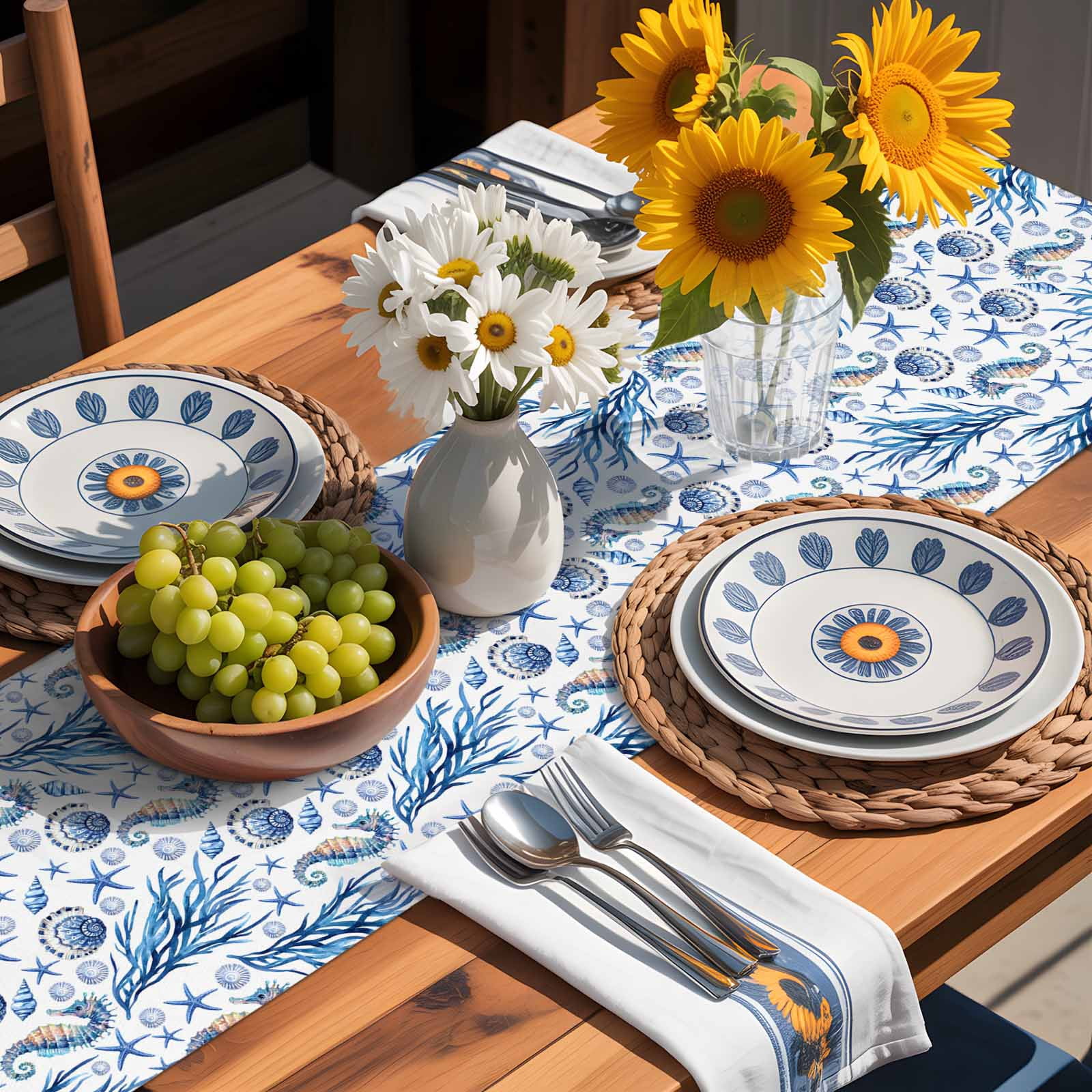 Summer Seahorse Coral Starfish Conch Table Runner 90 Inches Long, Seamless Blue Marine Life Table Runners Tabletop Scarf Kitchen Dining Tables Decoration for Home Party Indoor Outdoor