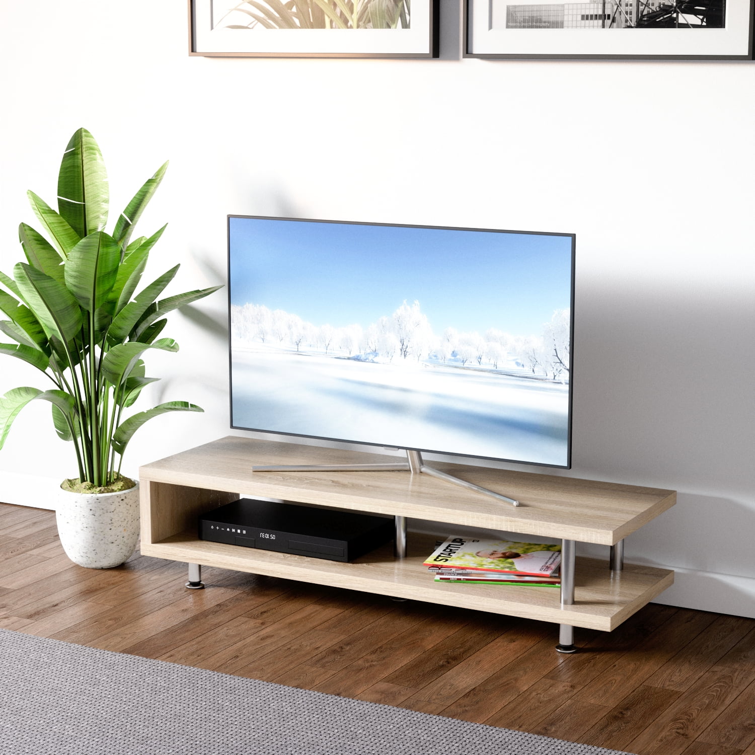 BESTIER 47 inch Short TV Stand with 2Shelf Storage Steel Frame in Oak