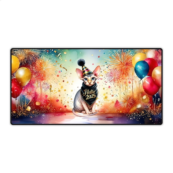 Hello 2025 Sphynx Celebrates Happy New Year Firework Balloon Desk Mat Full Keyboard Mouse Pad Cat Lover Kitten Owner Gifts Idea Large Mousepad - 02024