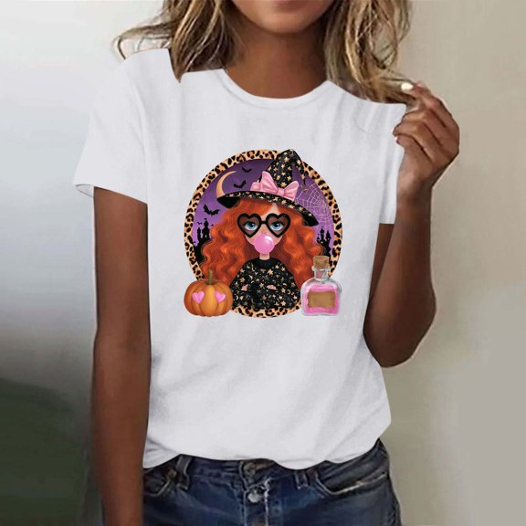 Yeaiivve Halloween Shirts for Women Short Sleeve Funny Witch Pumpkin Printed Tunic Tops Breathable Casual Graphic Tees Loose Fit Crewneck Blouse L