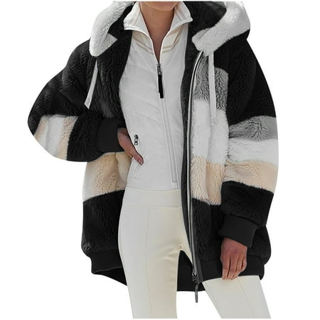 Womens Winter Hoodie Coats 2022 Zip Up Fleece Jacket Faux Fur Furry Warm Outwear Vintage Plus Size Plush Sweatshirt