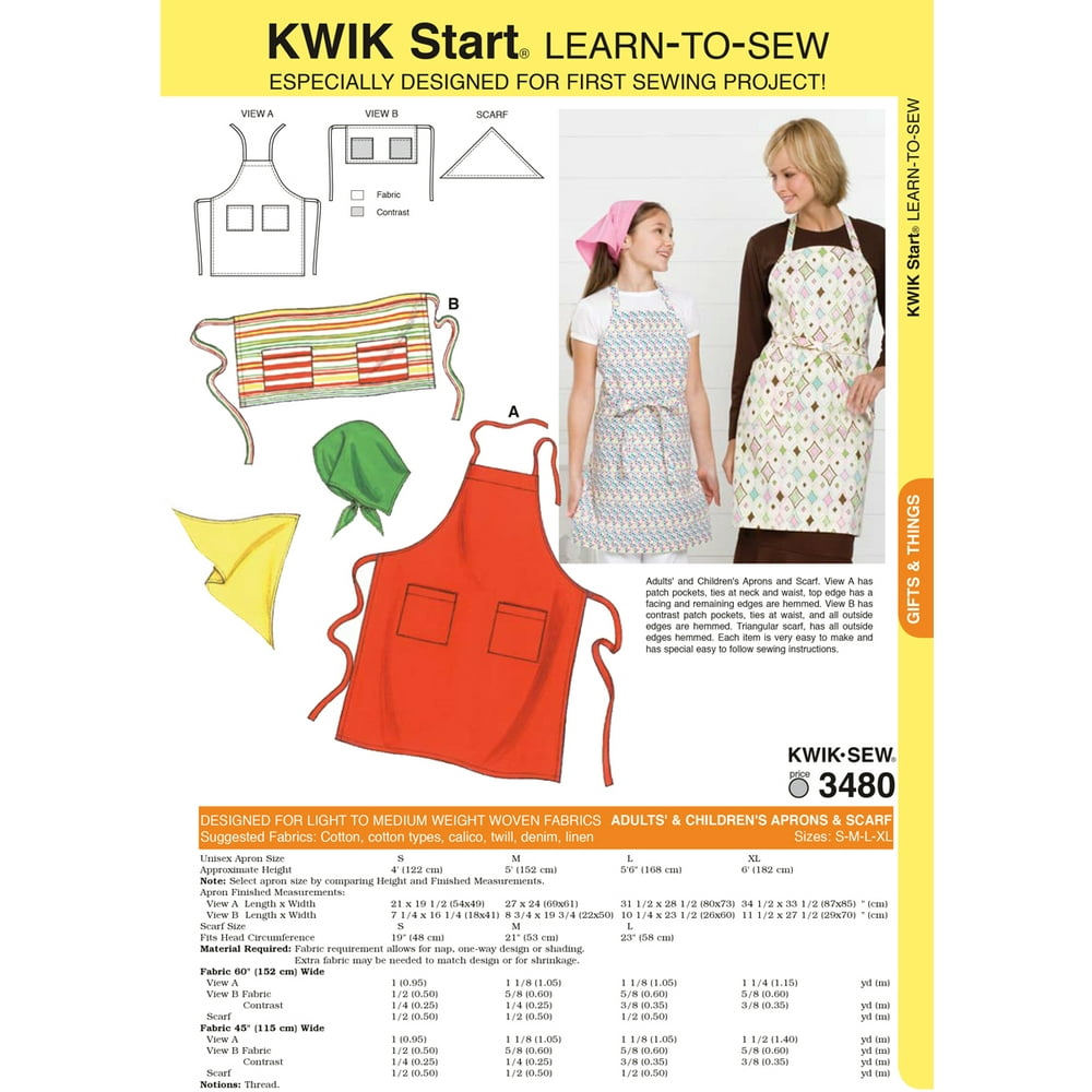 Kwik Sew Pattern Aprons and Scarf, (S, M, L, XL)