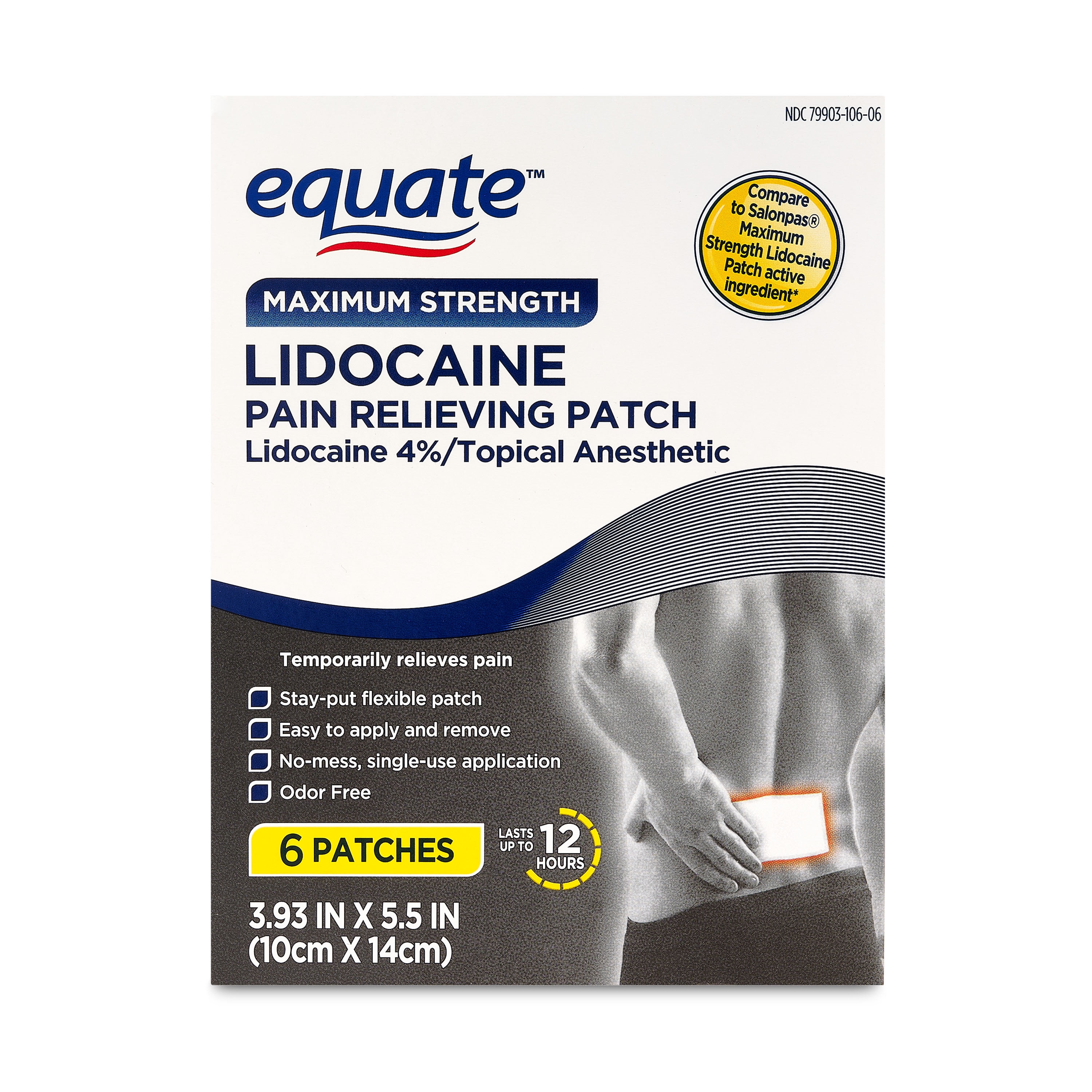Equate Maximum Strength Lidocaine Pain Relieving Patches, 6 Count