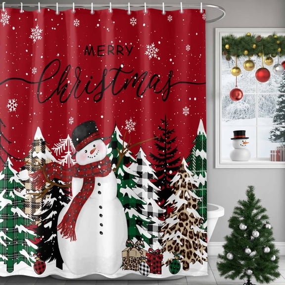 Shower Curtain 36"W x 72"L Merry Christmas Snowman Xmas Tree Snowflake Red Style Fabric Shower Curtains Set with Hooks Water Repellent Bathroom Curtains Machine Washable Bathroom Accessories