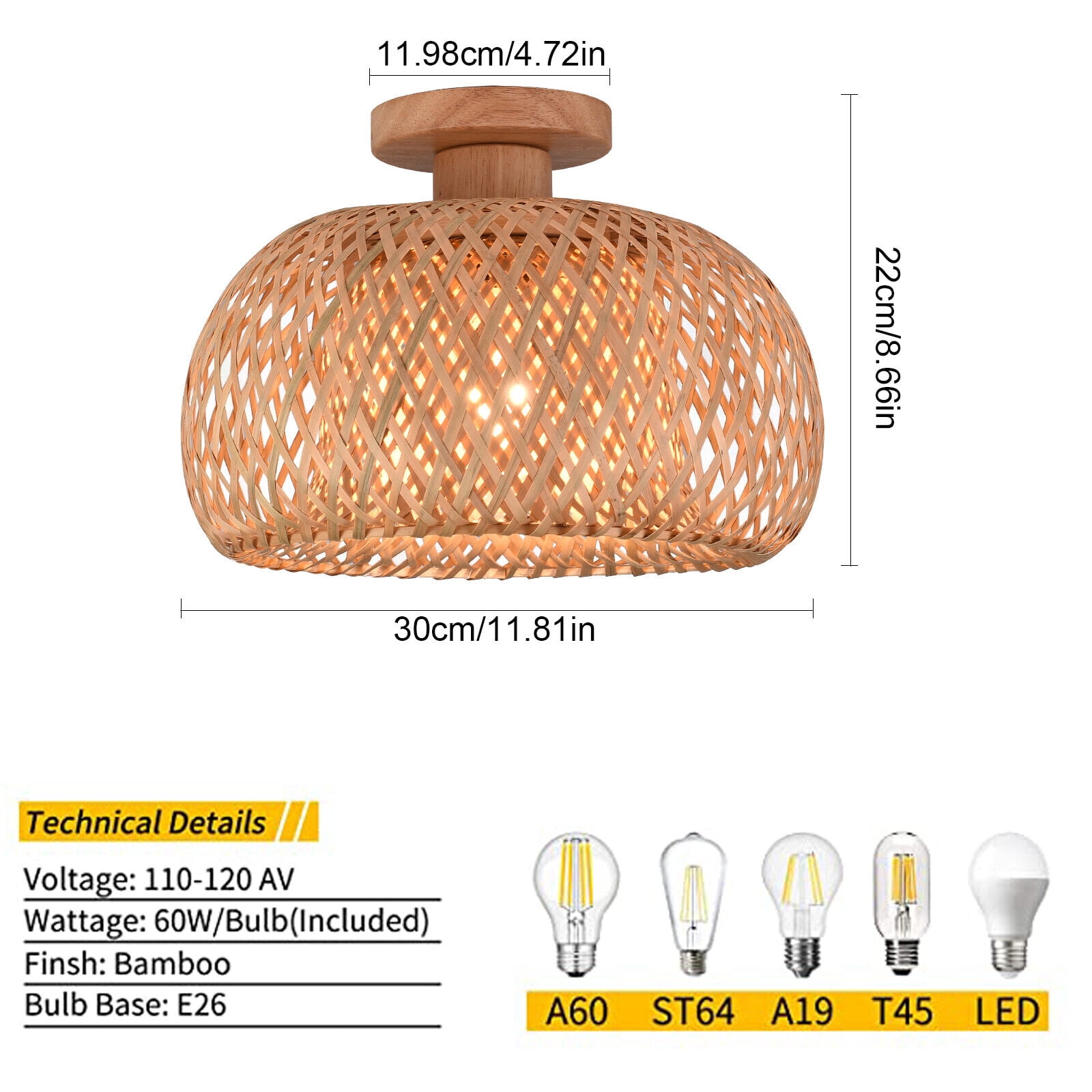 Ceiling Light Fixture Semi Flush Mount Lamp Vintage Bamboo Wicker Rattan Lantern