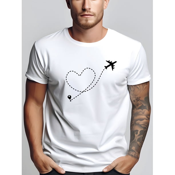 Camiseta informal de verano para hombre con estampado de avión y corazón. Cuello redondo, manga corta, tejido elástico, lavable a máquina.
