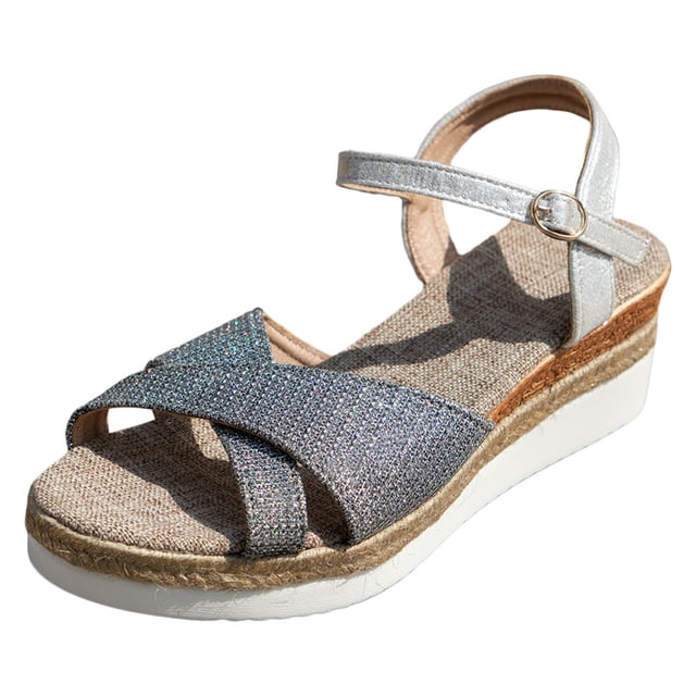 Bmisegm Ladies Summer Rhinestone Fine Glitter Shiny Leather Large Size Buckle Slope Heel Sandals Sandals Women Summer Silver 8
