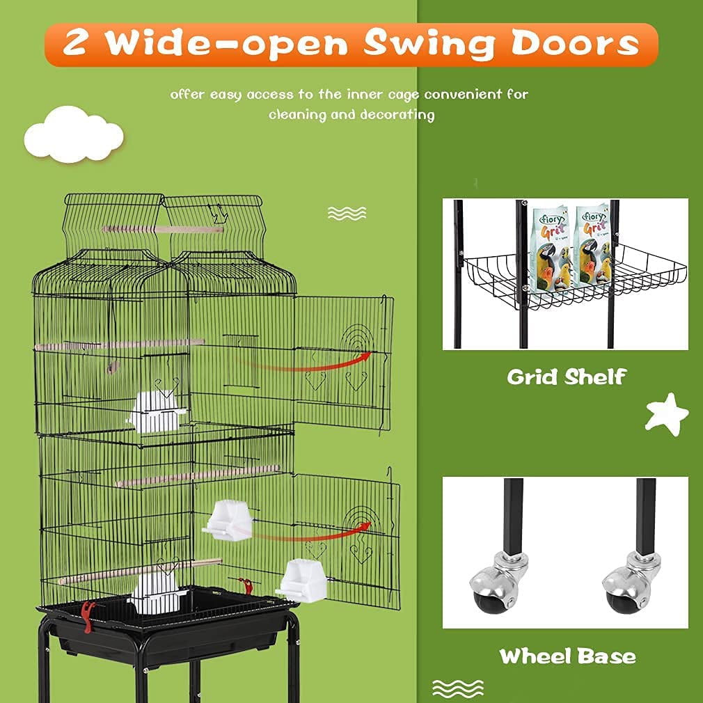 CL.HPAHKL 64-inch Large Bird Cage Play Open Top Design, Metal Parakeet Cage with Rolling Stand & Bottom Tray for Parakeet Lovebirds Ringneck Cockatiels Parrot Cage, Black