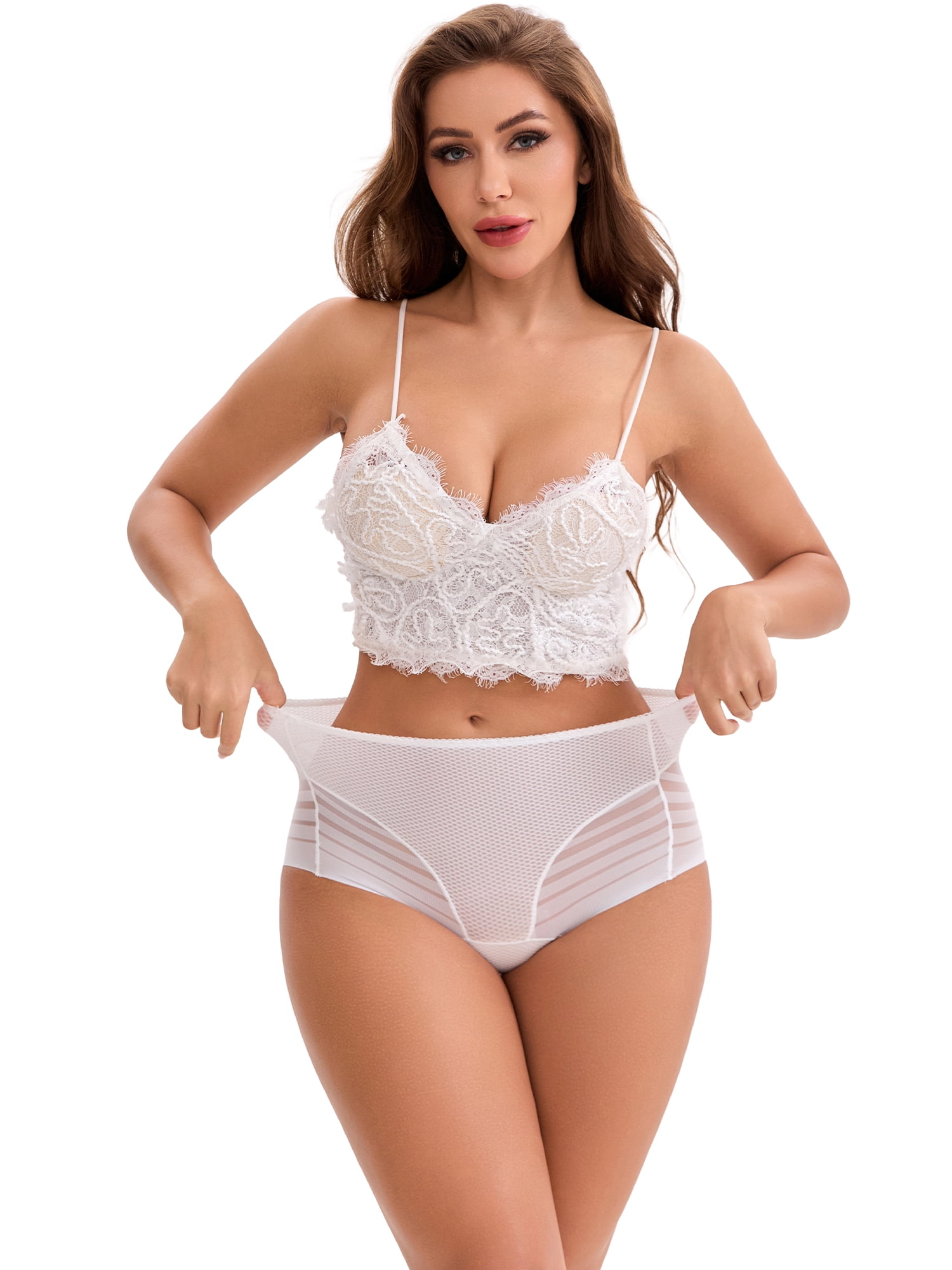 DARING DIVA Women's High Waisted Tummy Control Lace Mesh Underwear Briefs XL White
