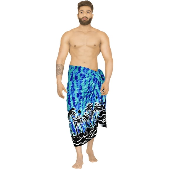 HAPPY BAY Men's Pareo Swim Trunk Vacation Sarong Beach Wrap One Size Ice, Palm View Summer Vacation Aloha