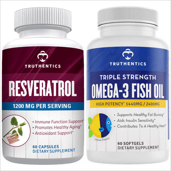 Truthentics Resveratrol Plus Omega-3 Fish Oil Bundle - Anti-Aging, Heart, Brain, Skin, Joint Support - 120 Capsules