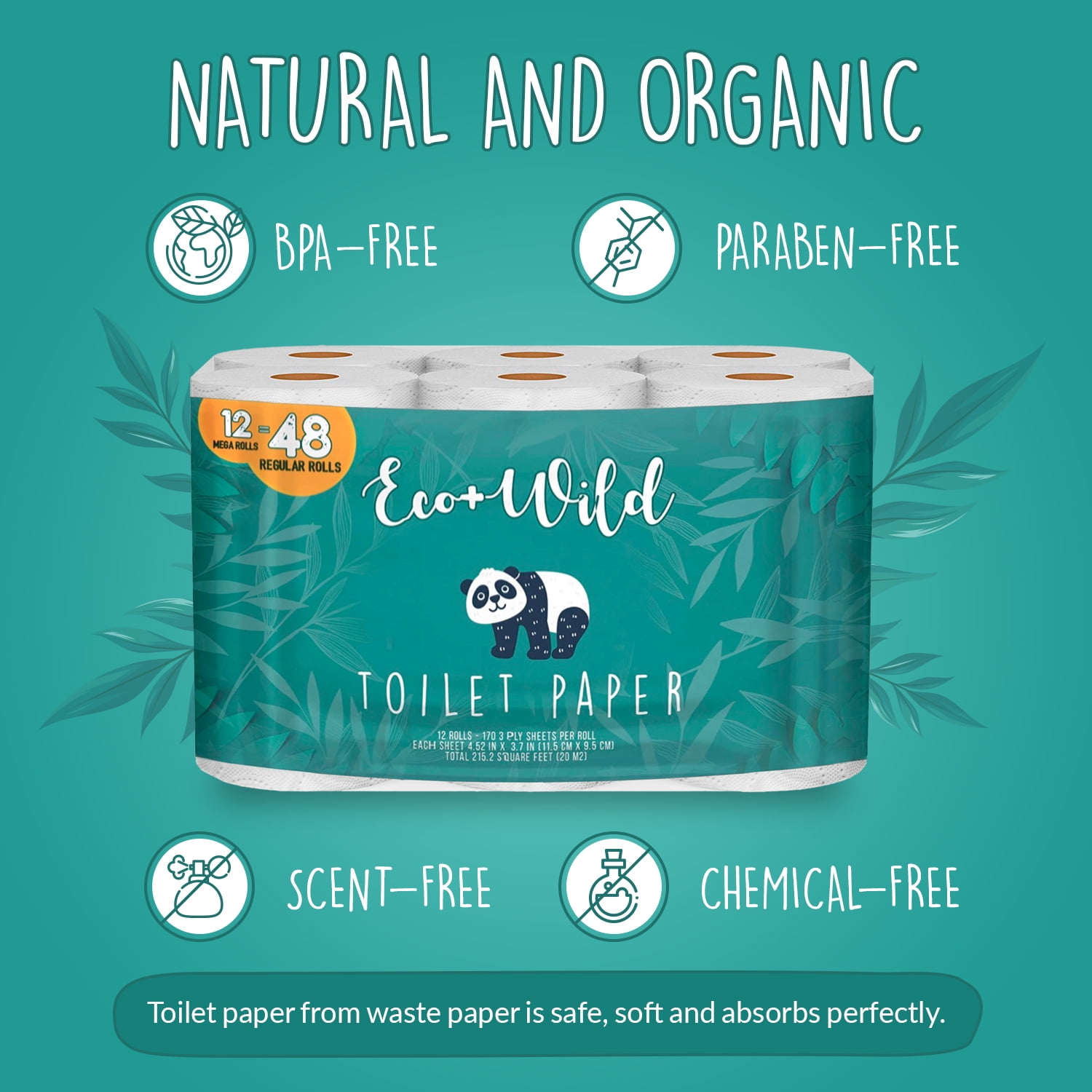 12 rolls Sustainable Natural Biodegradable and Septic Safe for Home and RV Chemical Fragrance & BPA Free Strong 3Ply Hypoallergenic Bath Tissue ECO+WILD 100% Earth Friendly Organic Toilet Paper 