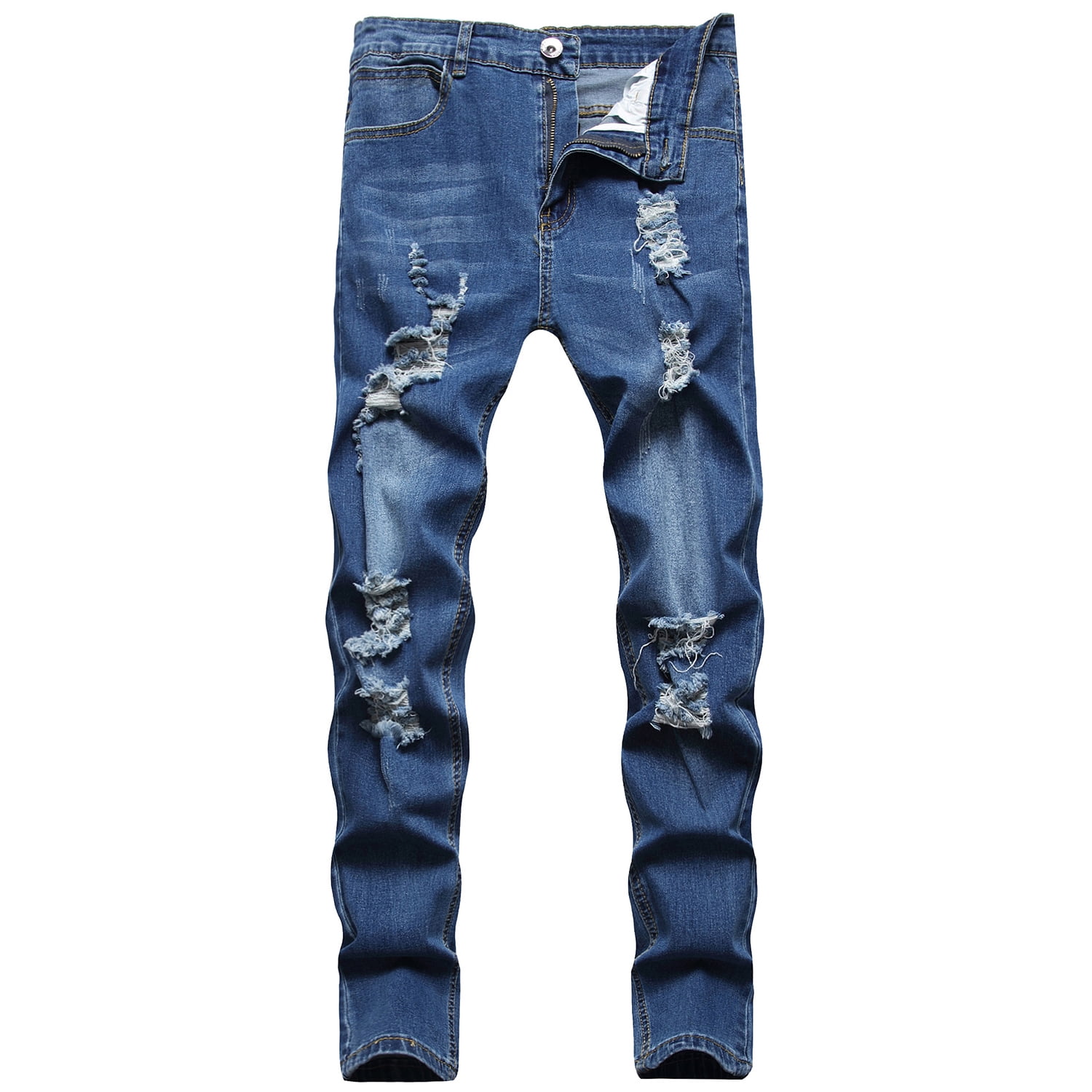 Lu's Chic Men's Distressed Jeans Slim Fit Pants Mid Rise Trousers Denim