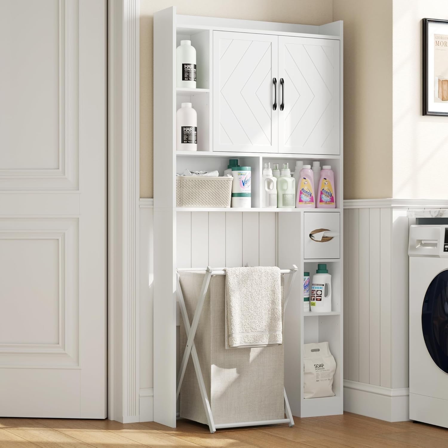 DIYART 67.8" H Over The Toilet Storage Cabinet with Adjustable Shelves & Toilet Paper Holder, Farmhouse Over Toilet Bathroom Organizer, Double Door Toilet Cabinet for Bathroom, and Laundry, White