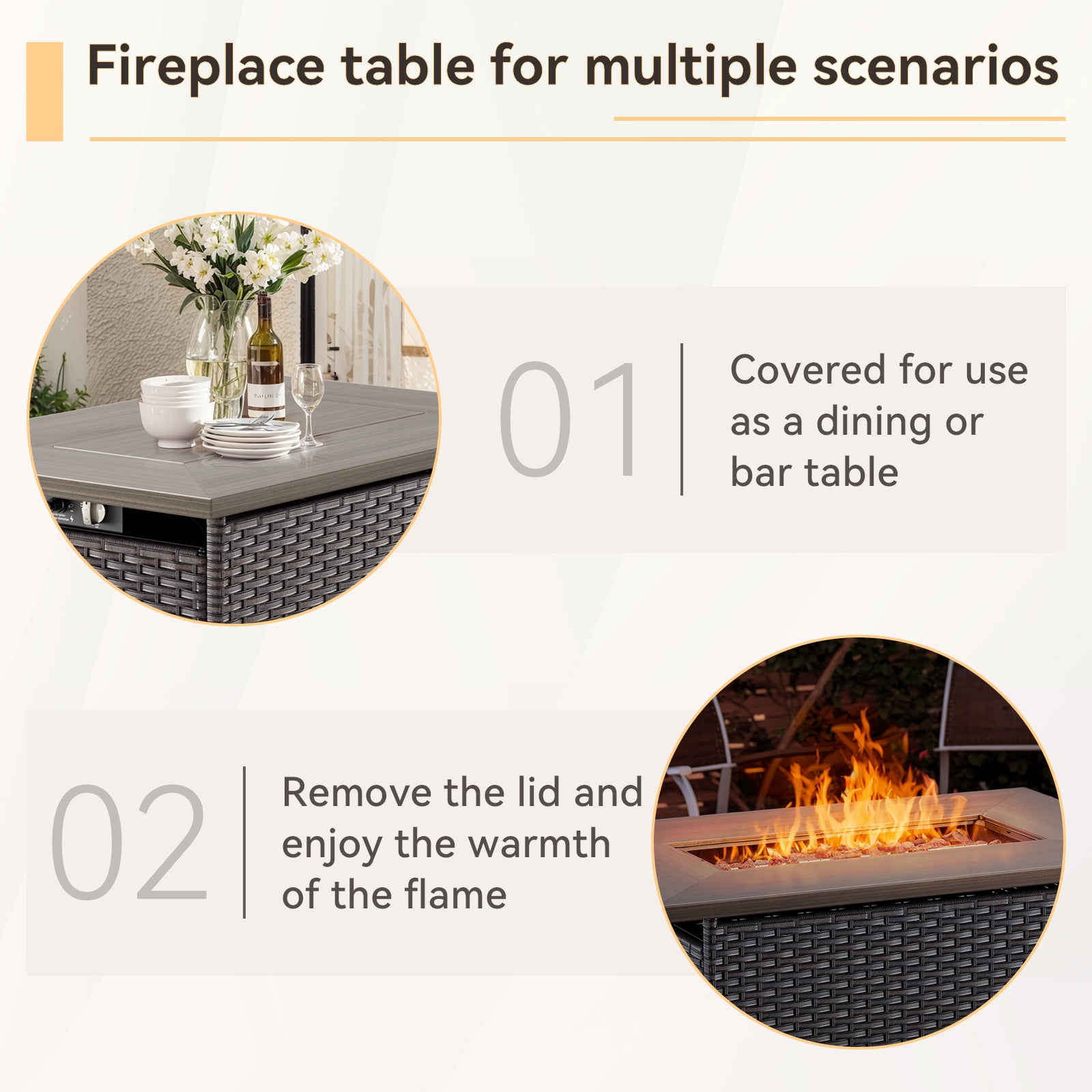 OPOHORO 41" Rectangular Propane Fire Pit 50,000 BTU Outdoor PE Wicker Fire Pit Table with Lid, Brown