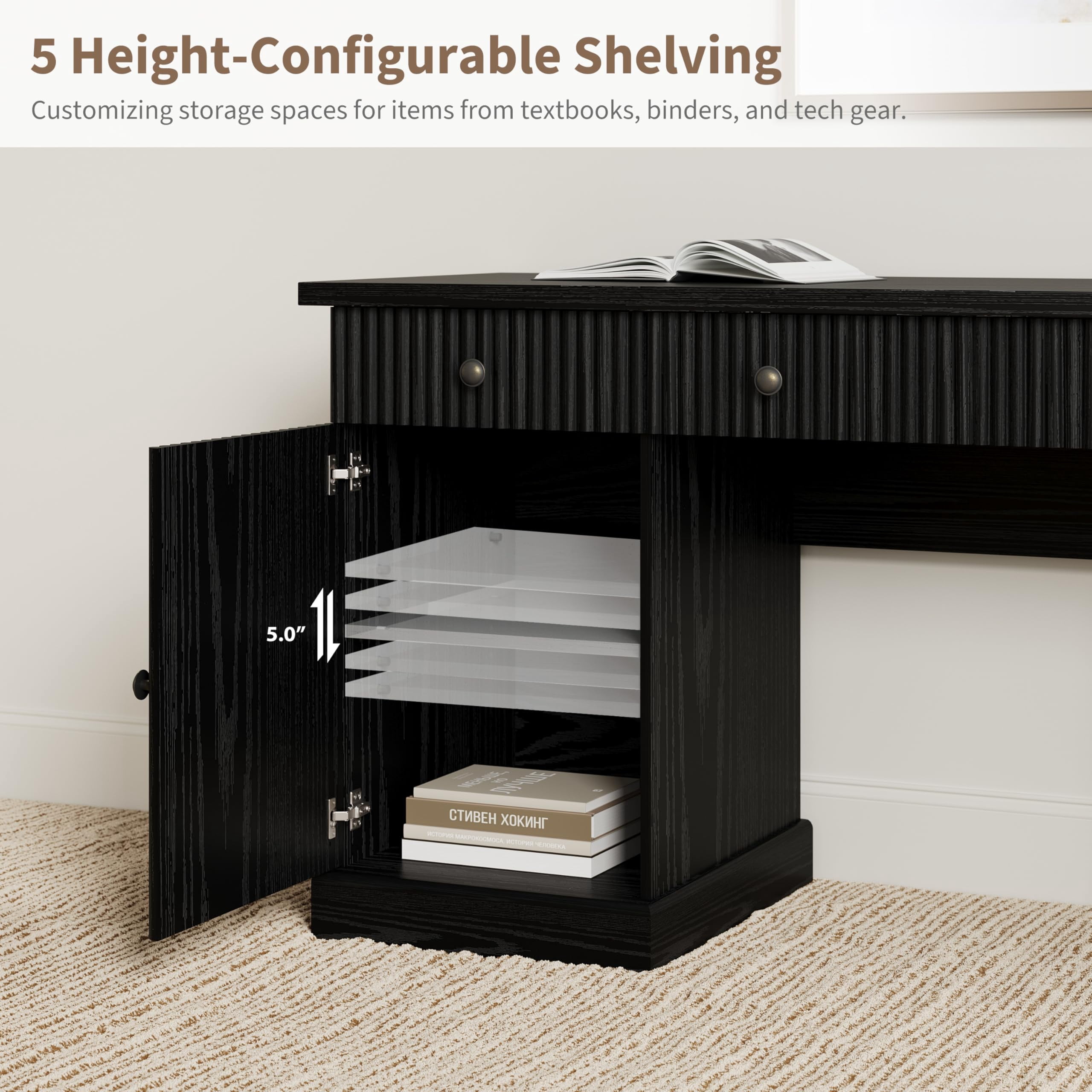 Garvee 60" Fluted Executive Desk with Charging Station & File Storage – Modern Wooden Computer Desk for Home Office, Study, Living Room or Bedroom-Black