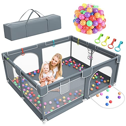 Pluma de juego para bebé, corral grande de 79 x 63 pulgadas, para bebés y niños pequeños, bolígrafos de juego para interiores y exteriores con 50 bolas de océano, bolígrafo de seguridad resistente