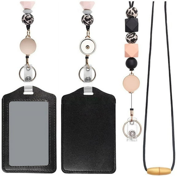 Retractable Lanyards for ID Badges and Keychain with PU Leather Holder Teacher Breakaway Women Black